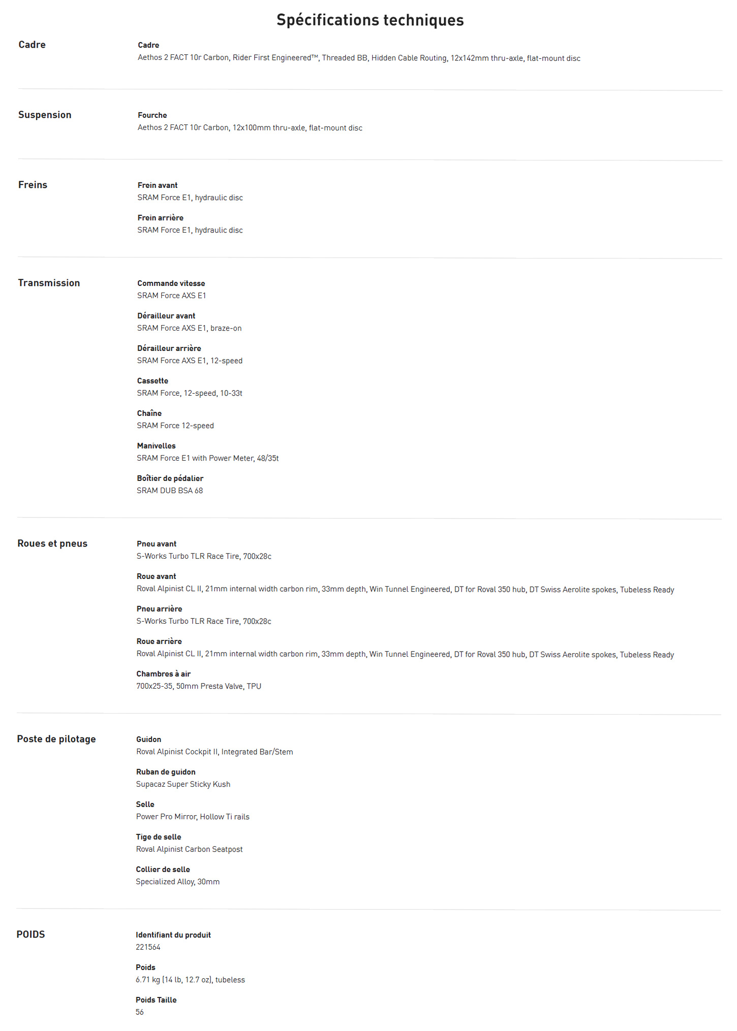 Caracteristique technique du vélo Aethos 2 Pro AXS année 2026